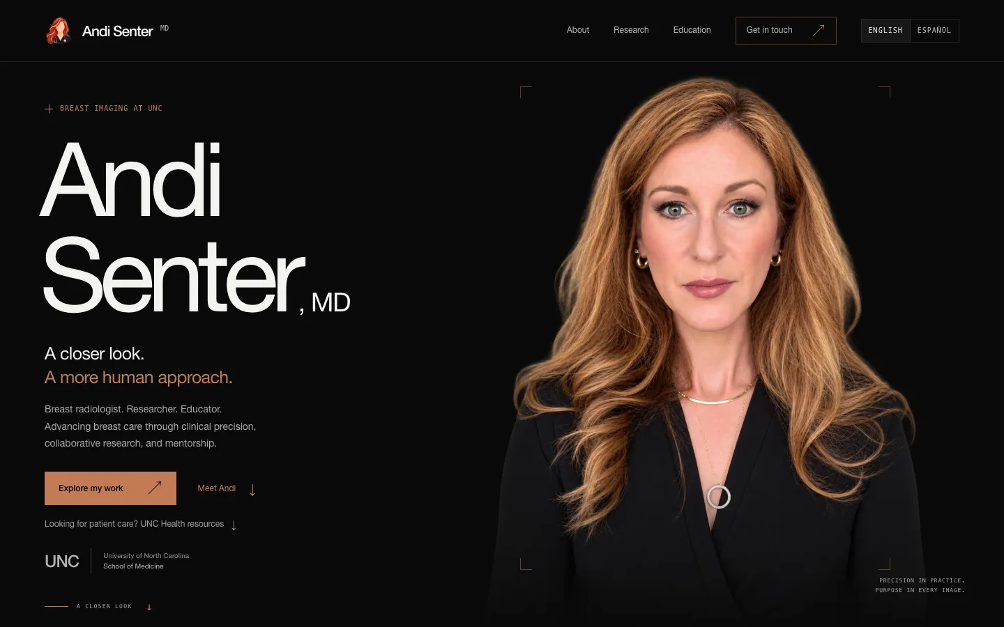 Andi Senter’s professional website with her portrait and an introduction to her work in breast imaging