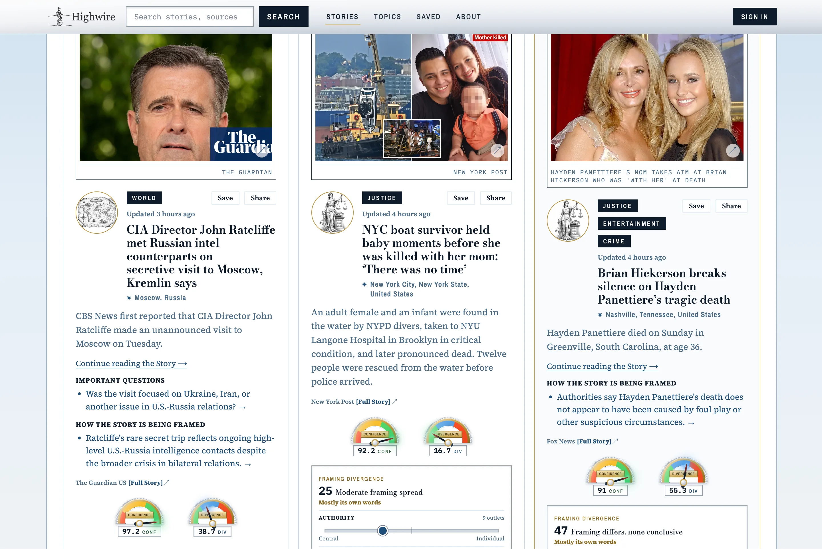 Highwire, a news analysis story page showing confidence and divergence scores across sources