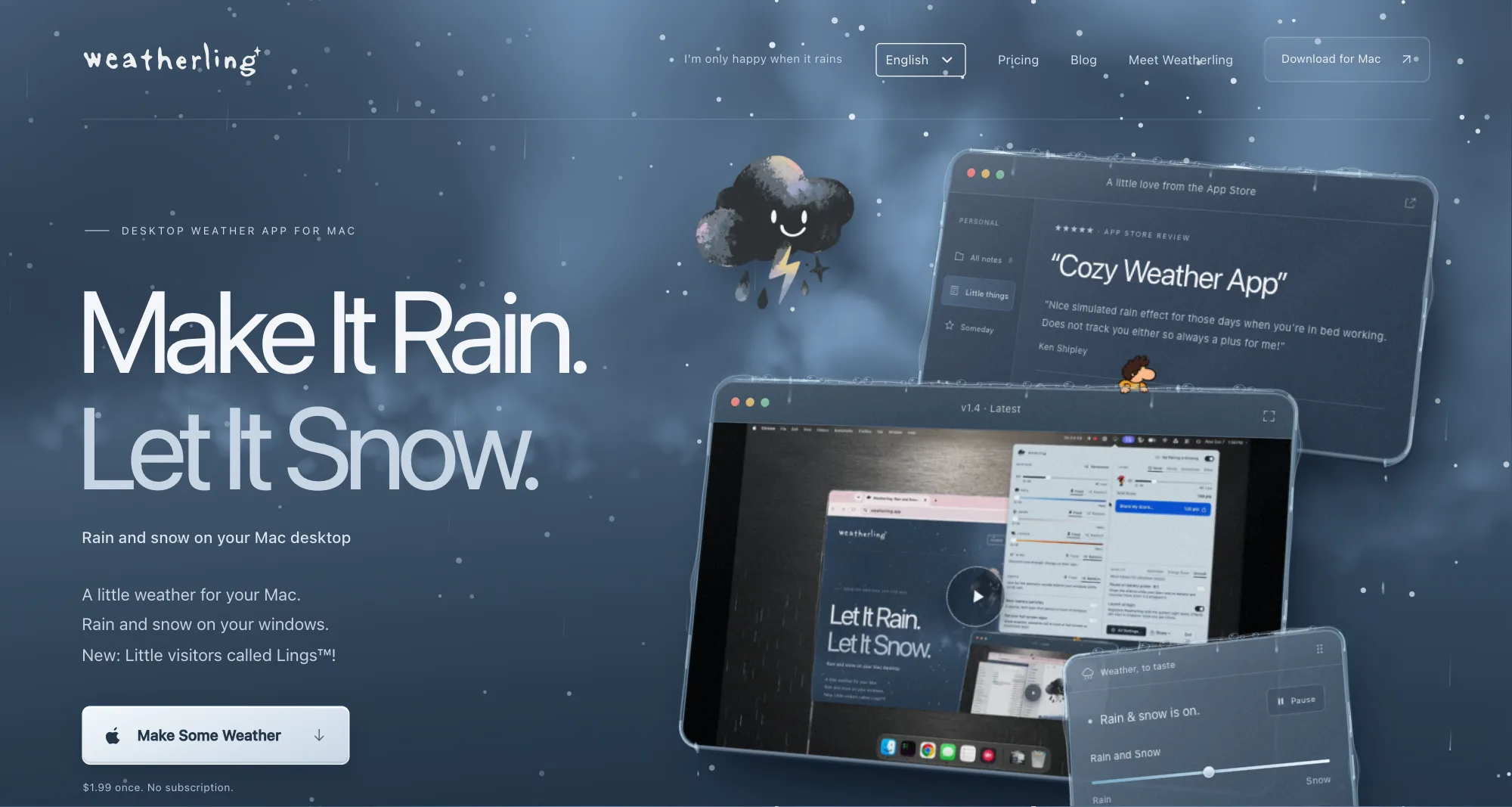 Weatherling, the weather effects app for Mac: rain and snow falling across desktop windows, with its menu bar weather controls